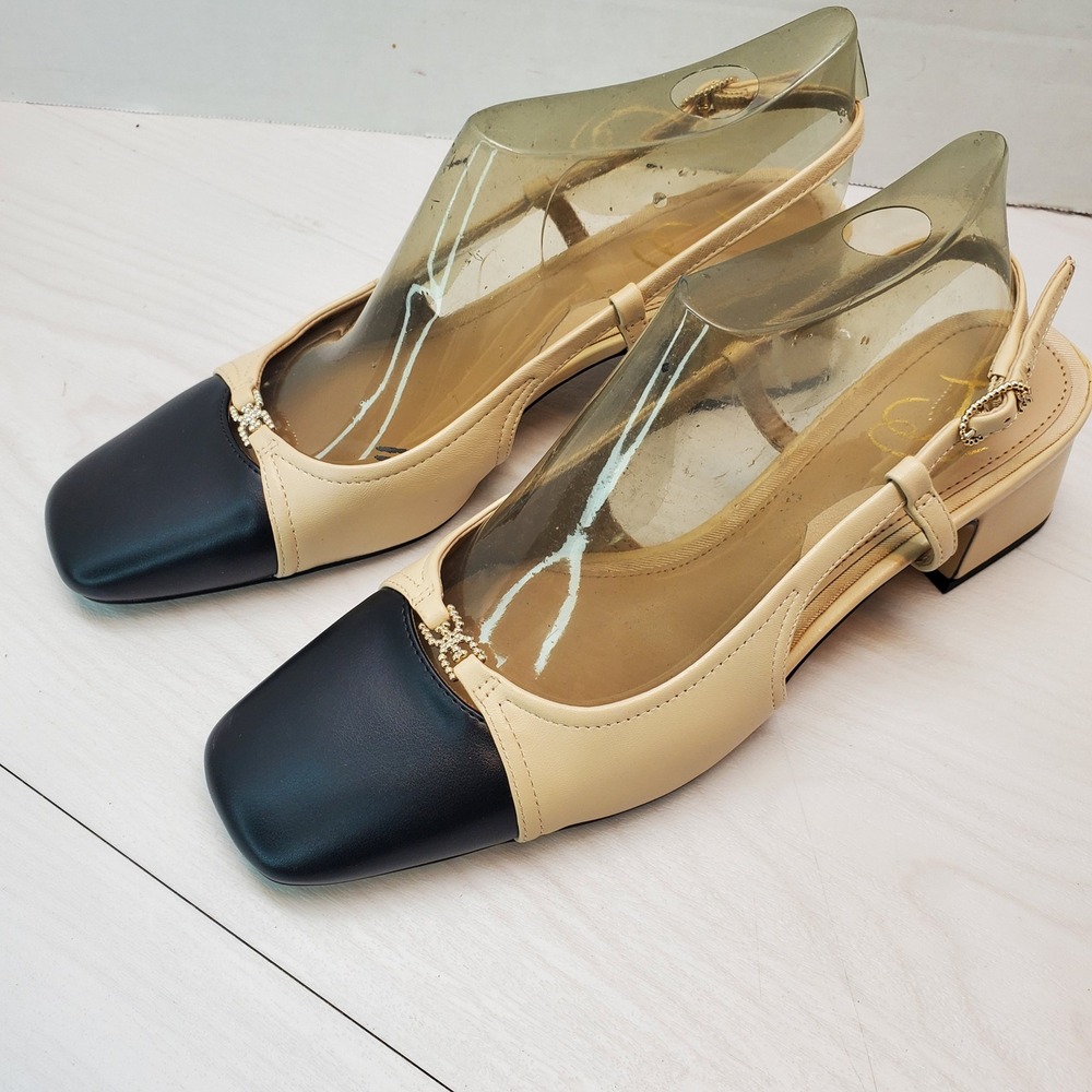 Sam Edelman Tarra 2 Beige Black Leather Cap Toe Slingback Block Heel Pumps 8M
